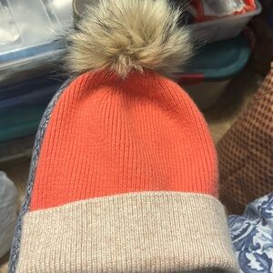 Norla Canada Tan and Orange Knit Hat with Pom-Pom